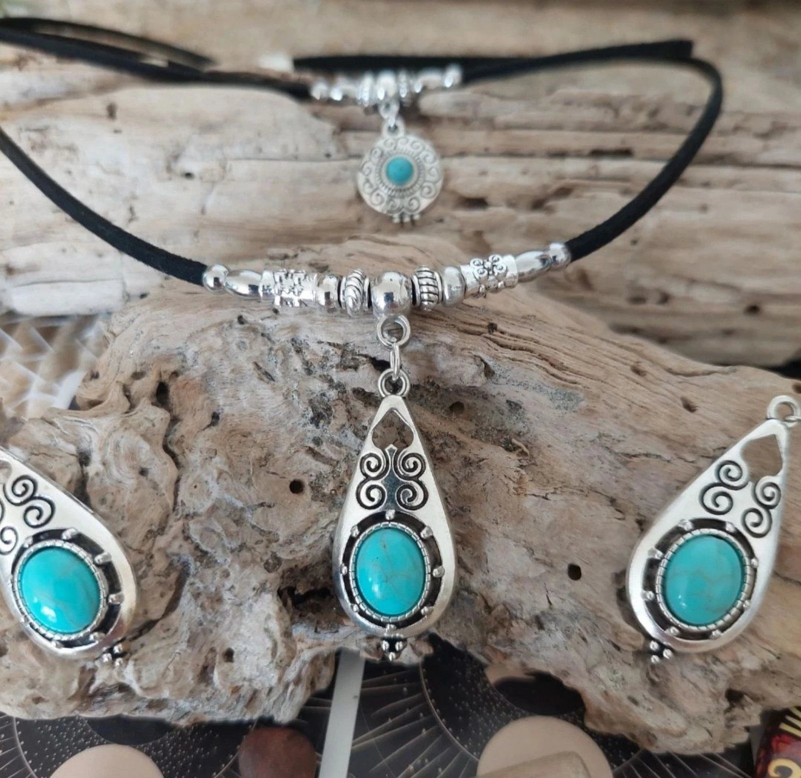 Parure bohème double rangs, larme maya spirale turquoise – photo 4